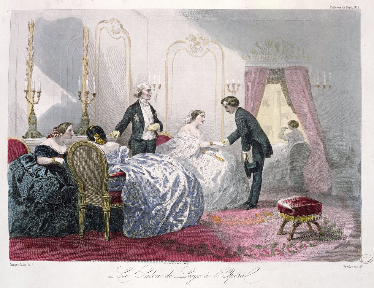 Le Salon de loge a l&39;Opera (ربما Salle Le Peletier) ، من "Journal les Modes Parisiennes" ، مطبوعة في باريس (نقش ملون) بواسطة فرانسوا كلوديوس كومبت كاليكس