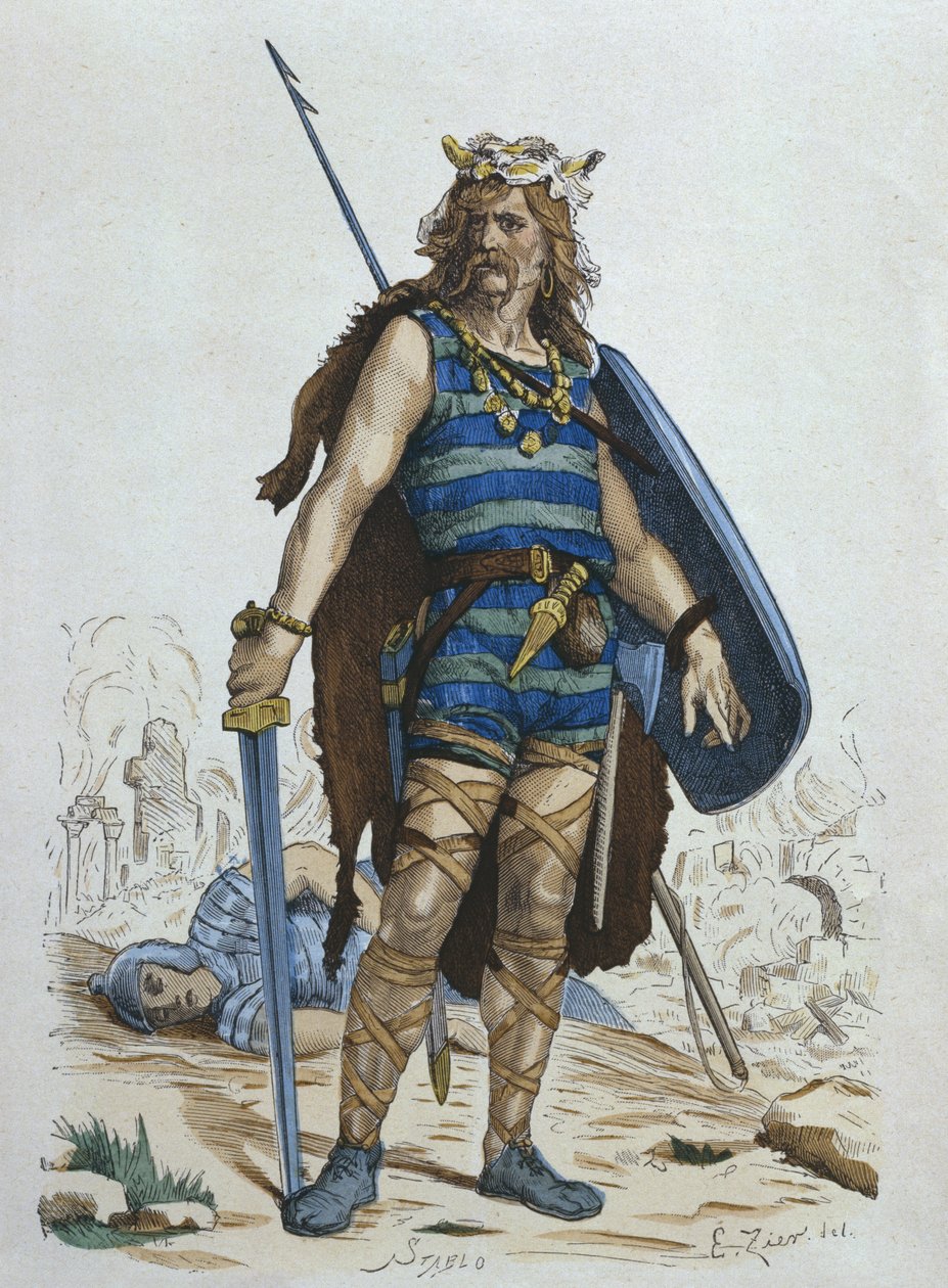 محارب الفرنجة في القرن الخامس ، رسم توضيحي من `` أزياء باريس travers les siecles &39;&39; بواسطة H.Gordon de Genouillac ، منقوش بواسطة Stablo (القرن التاسع عشر) (نقش الألوان) بواسطة فرانسوا إدوارد زير
