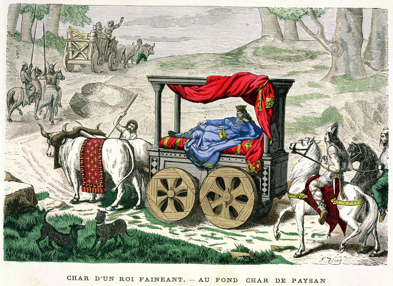 عربة أحد `` Rois Faineants &39;&39; أو لاحقًا ملوك Merovingian ، التوضيح من `` أزياء باريس a Travers les Siecles &39;&39; بقلم H. Gourdon de Genouillac ، منقوش بواسطة A. Renard ، 1879 (ملون en بواسطة فرانسوا إدوارد زير