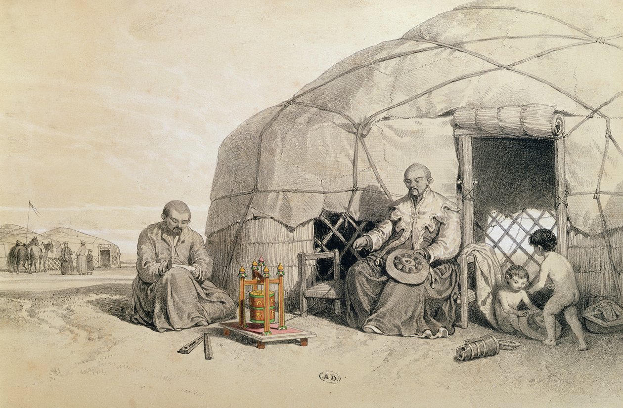Kalmuks مع عجلة صلاة ، سيبيريا ، رسم توضيحي من "رحلة إلى بحر قزوين" بقلم Xavier Hommaire de Hell (1812-1848) c.1850 بواسطة فرانسوا فورتشن أنطوان فروجيو