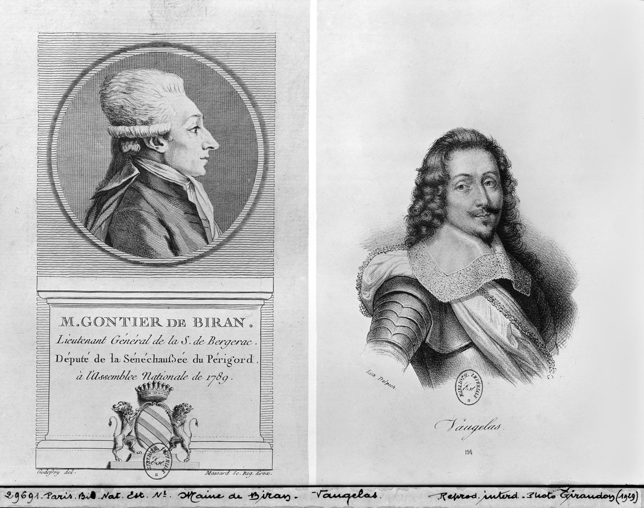صورة ماري فرانسوا جونتيير دي بيران المعروفة باسم مين دي بيران (1766-1824) ، صورة كلود فافر دي فوجيلاس (1585-1650) منقوشة من قبل فرانسوا سيرافين ديلبك (1778-1825) وماسارد (19) بواسطة أدريان بيير فرانسوا جودفروي