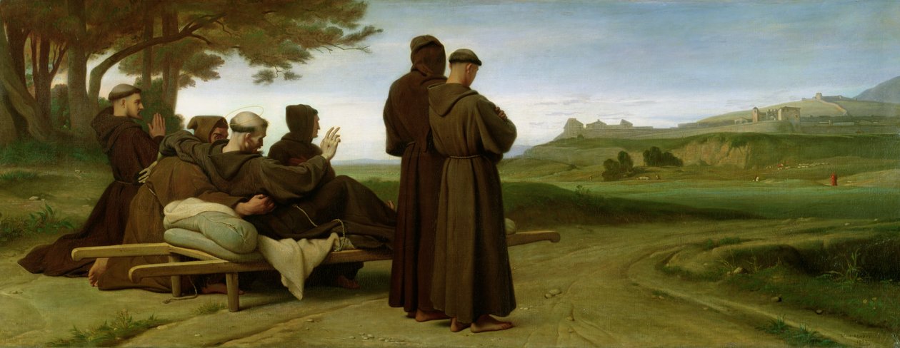 القديس فرنسيس الأسيزي ، أثناء نقله إلى مثواه الأخير في Saint-Marie-des-Anges ، يبارك مدينة أسيزي في 1226 ، 1853 بواسطة فرانسوا ليون Benouville