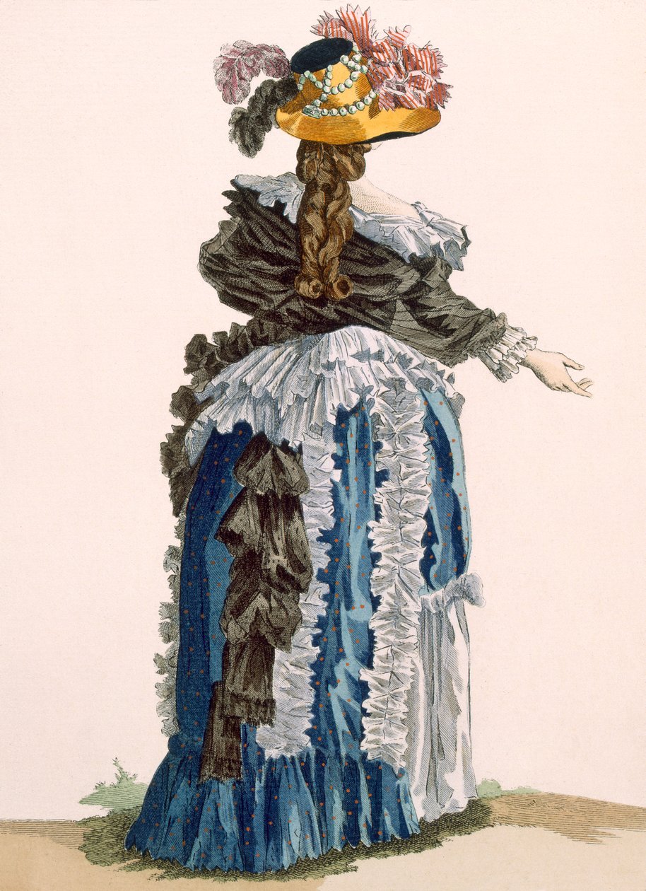 منظر خلفي لفساتين السيدات ، منقوش عليه Dupin ، اللوحة رقم 247 من "Galeries des Modes et Costumes Francais" ، c.1778-87 99: ملابس ؛ لباس تقليدي لباس تقليدي؛ موضه؛ أنا بواسطة فرانسوا لويس جوزيف واتو