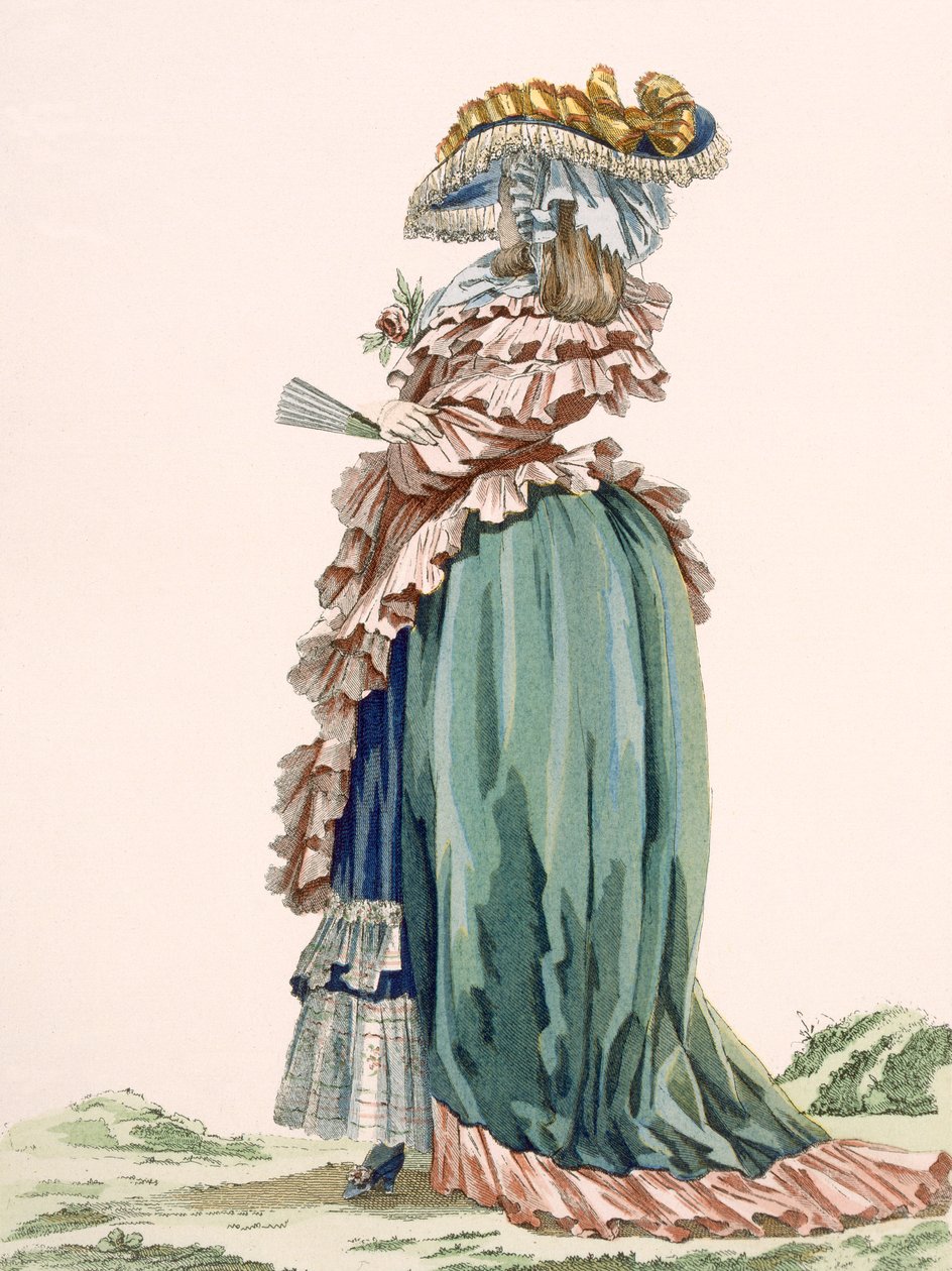 منظر خلفي لثوب سيدة ، منقوش بواسطة Dupin ، اللوحة رقم 189 من "Galeries des Modes et Costumes Francais" ، c.1778-87 99: ملابس ؛ لباس تقليدي لباس تقليدي؛ موضه؛ بواسطة فرانسوا لويس جوزيف واتو