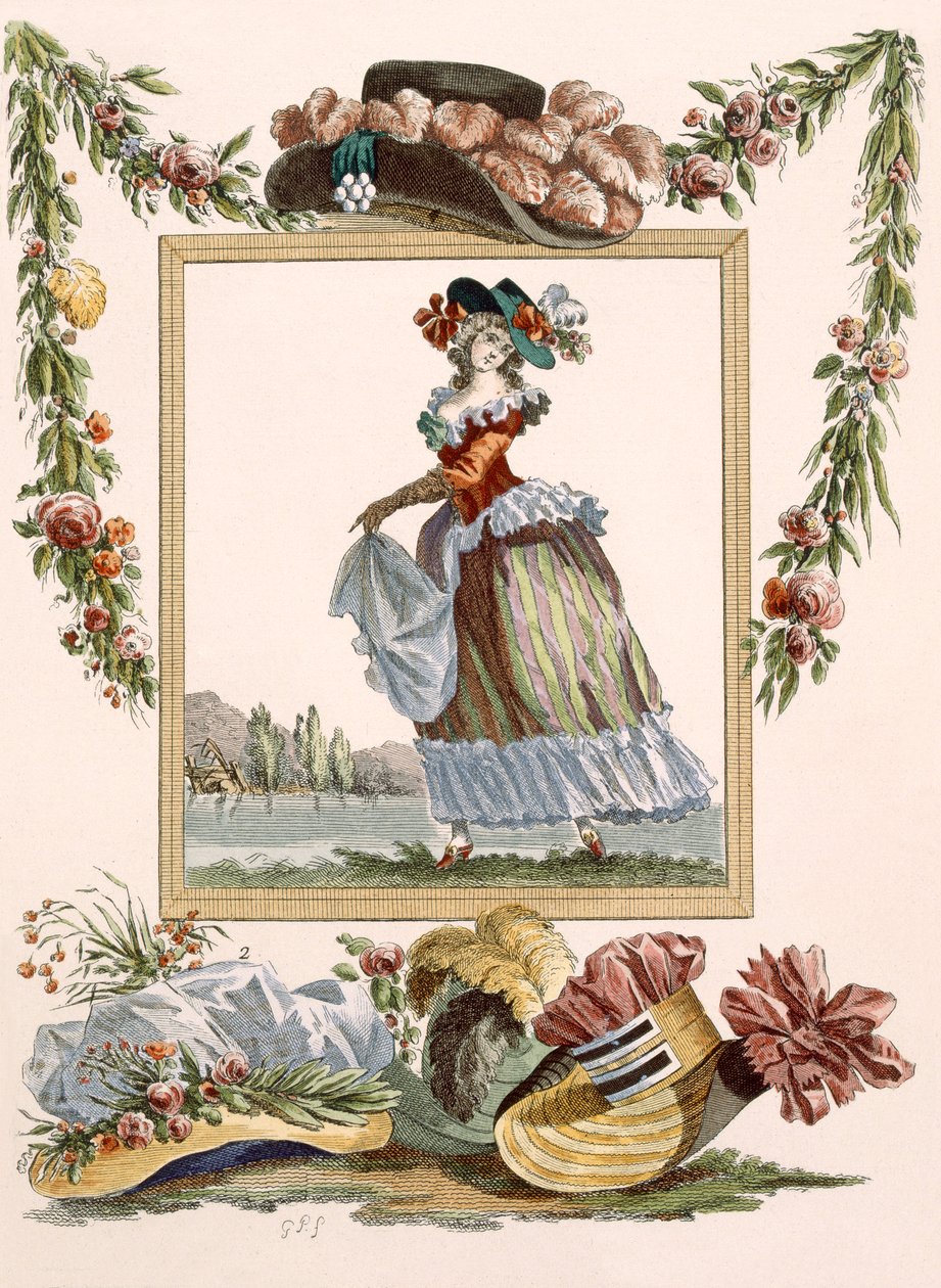 راقصة ترتدي قبعة Piercot Caraco مع قبعات منقوشة من Dupin ، اللوحة رقم 241 من "Galeries des Modes et Costumes Francais" ، c.1778-87 بواسطة فرانسوا لويس جوزيف واتو