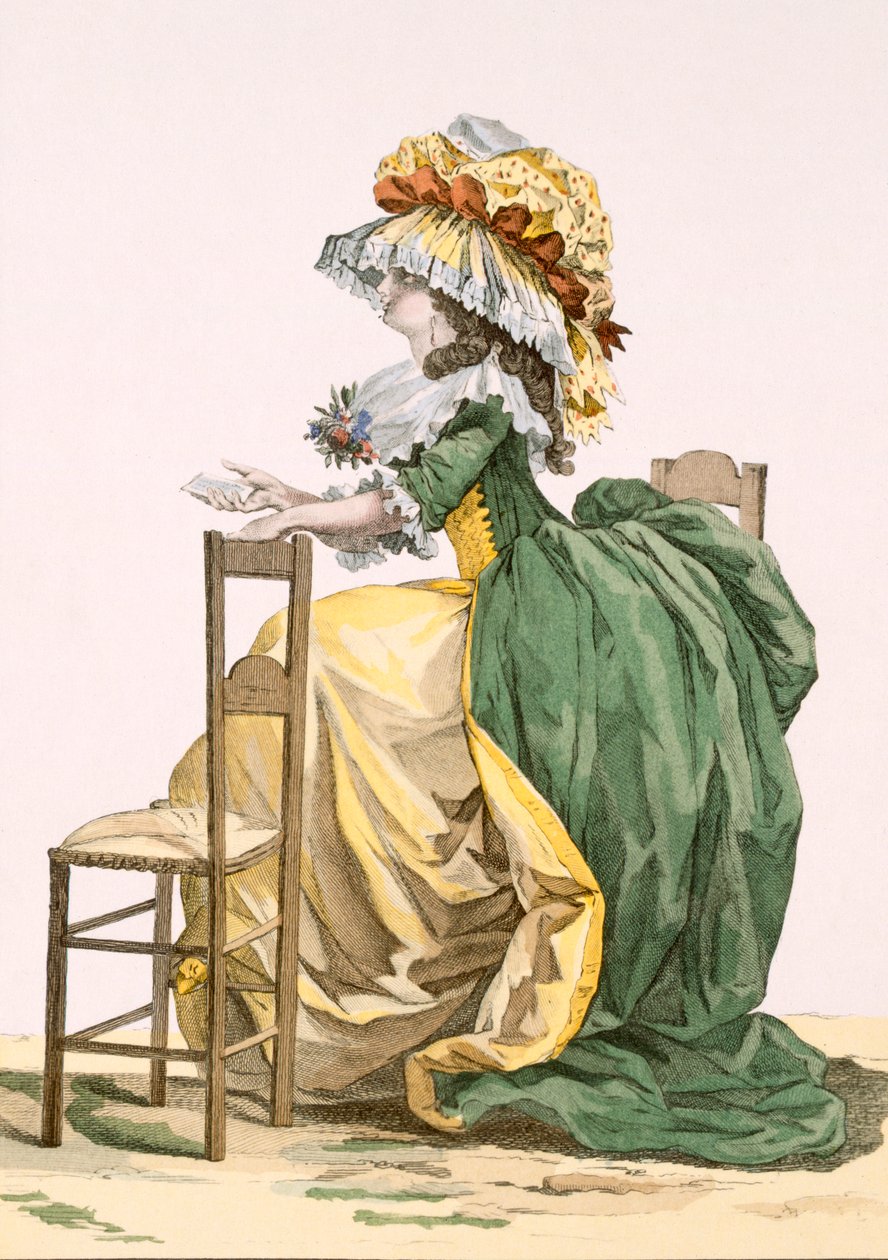 ثوب متقن للسيدات ، منقوش من قبل Bacquoy ، لوحة من "Galeries des Modes et Costumes Francais" ، c.1778-87 99: ملابس ؛ لباس تقليدي لباس تقليدي؛ موضه؛ المصور بواسطة فرانسوا لويس جوزيف واتو