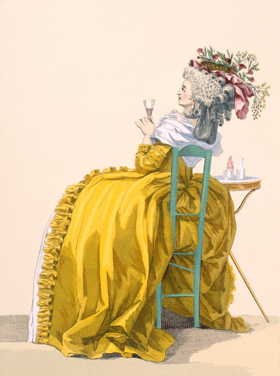 سيدة تتكئ على كرسي يشرب الشمبانيا ، محفورة بواسطة Dupin ، اللوحة رقم 193 من "Galeries des Modes et Costumes Francais" ، c.1778-87 بواسطة فرانسوا لويس جوزيف واتو