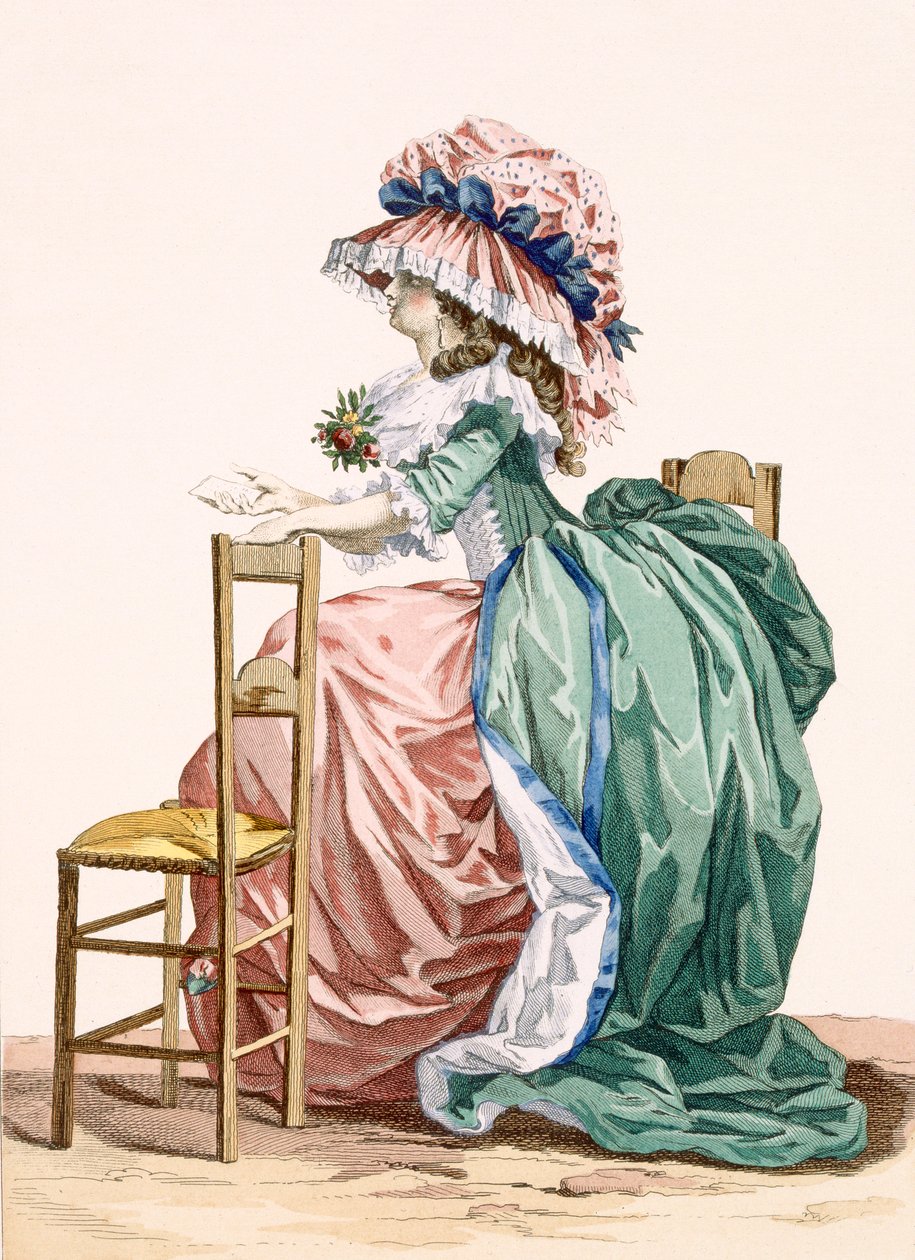 سيدة تجلس على كرسي ، محفورة بواسطة باكوي ، لوحة 203 من "Galeries des Modes et Costumes Francais" ، c.1778-87 99: ملابس ؛ لباس تقليدي لباس تقليدي؛ موضه بواسطة فرانسوا لويس جوزيف واتو