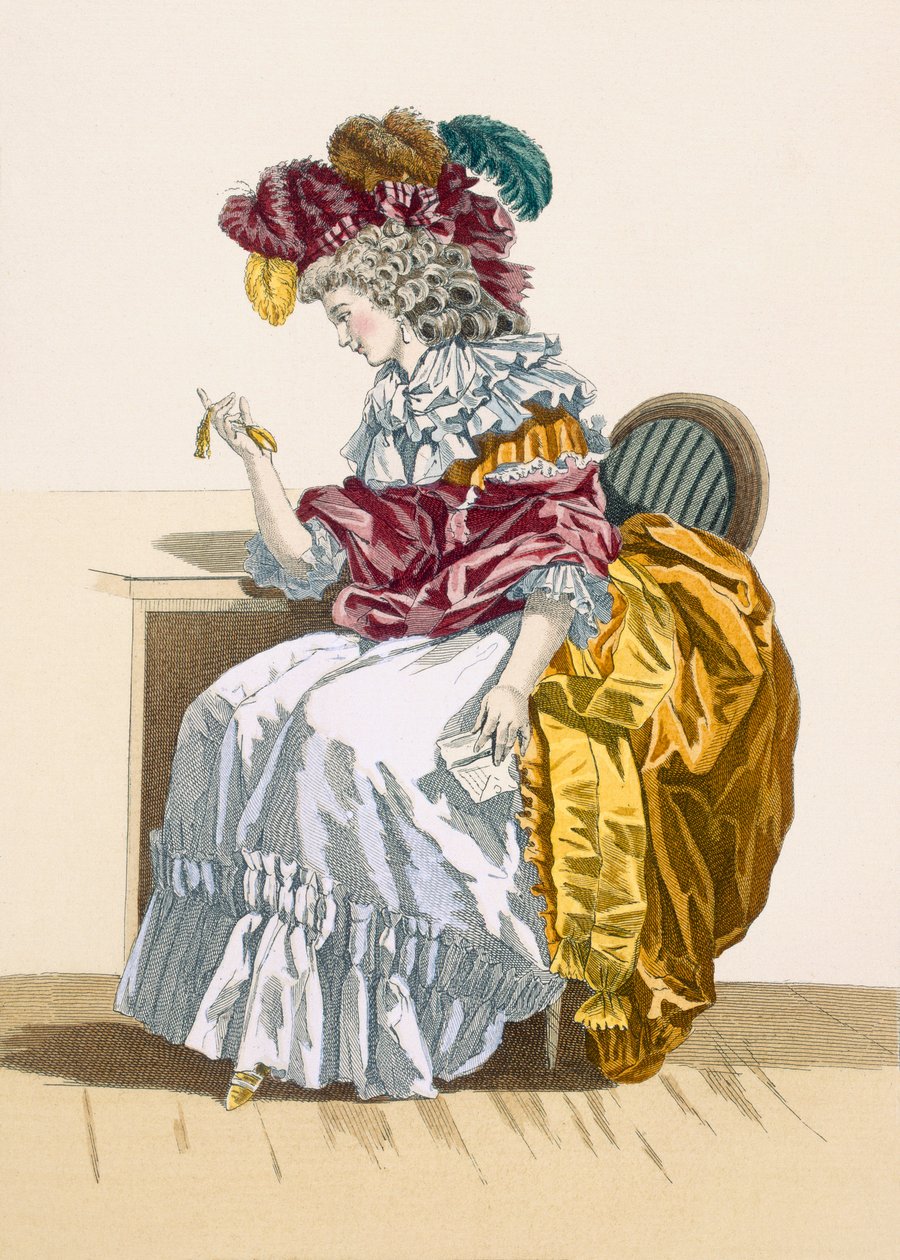 سيدة جالسة تنتظر صديقًا ، نقشها دوبين ، اللوحة رقم 191 من "Galeries des Modes et Costumes Francais" ، c.1778-87 بواسطة فرانسوا لويس جوزيف واتو