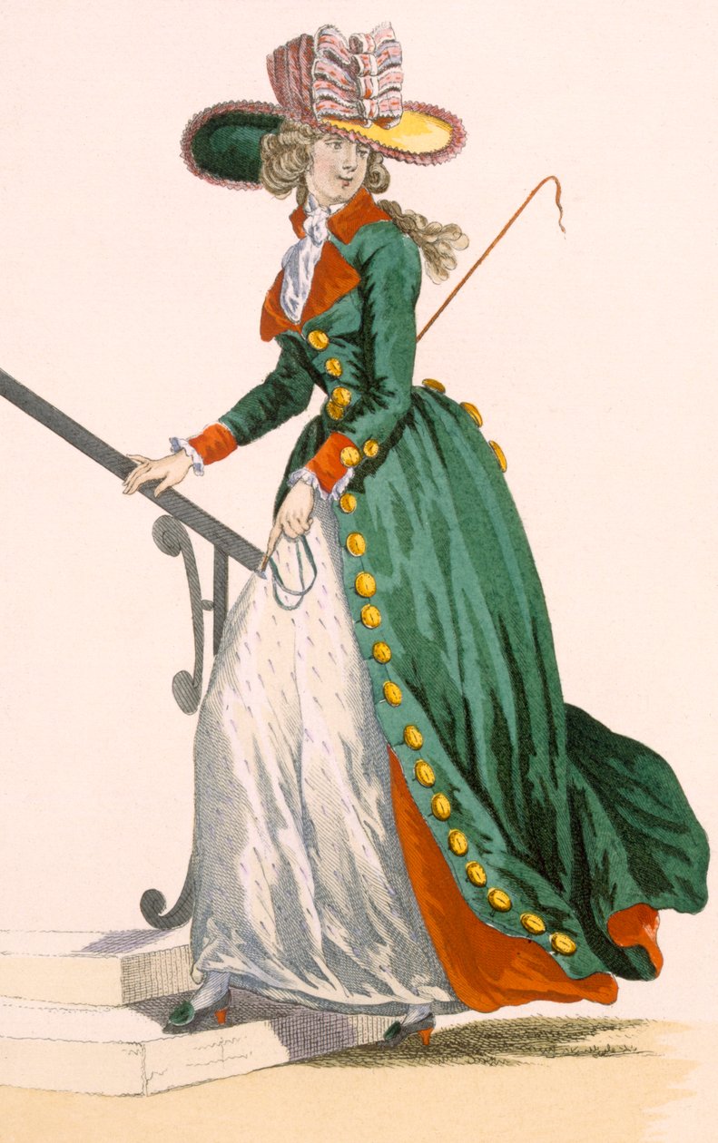 سيدة ترتدي الزي الألماني لركوب الخيل ، محفورة بواسطة Le Beau ، اللوحة رقم 250 من "Galeries des Modes et Costumes Francais" ، c.1778-87 بواسطة فرانسوا لويس جوزيف واتو