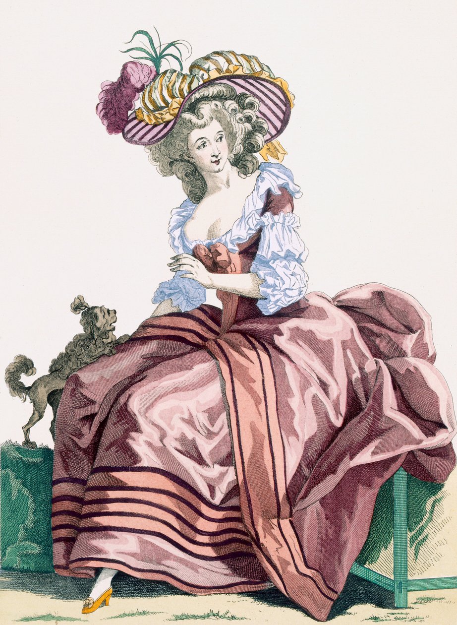 فستان الساتان الملون الأنيق بالكراميل ، المنقوش بواسطة Le Beau ، اللوحة رقم 172 من "Galeries des Modes et Costumes Francais" ، c.1778-87 بواسطة فرانسوا لويس جوزيف واتو