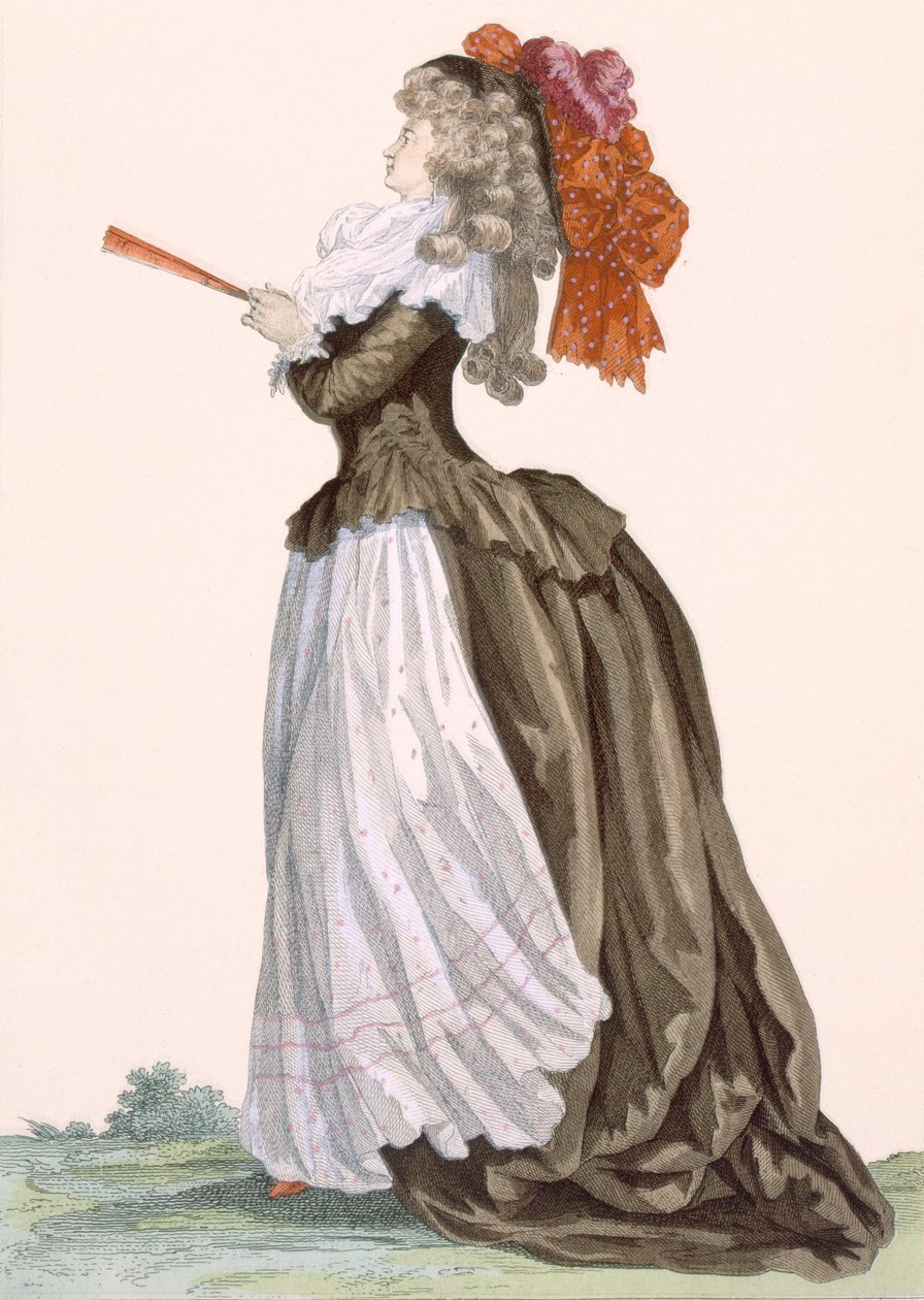فستان تنكري ليدي ، منقوش بواسطة Dupin ، اللوحة رقم 222 من "Galeries des Modes et Costumes Francais" ، c.1778-87 99: ملابس ؛ لباس تقليدي لباس تقليدي؛ موضه؛ سوف بواسطة فرانسوا لويس جوزيف واتو
