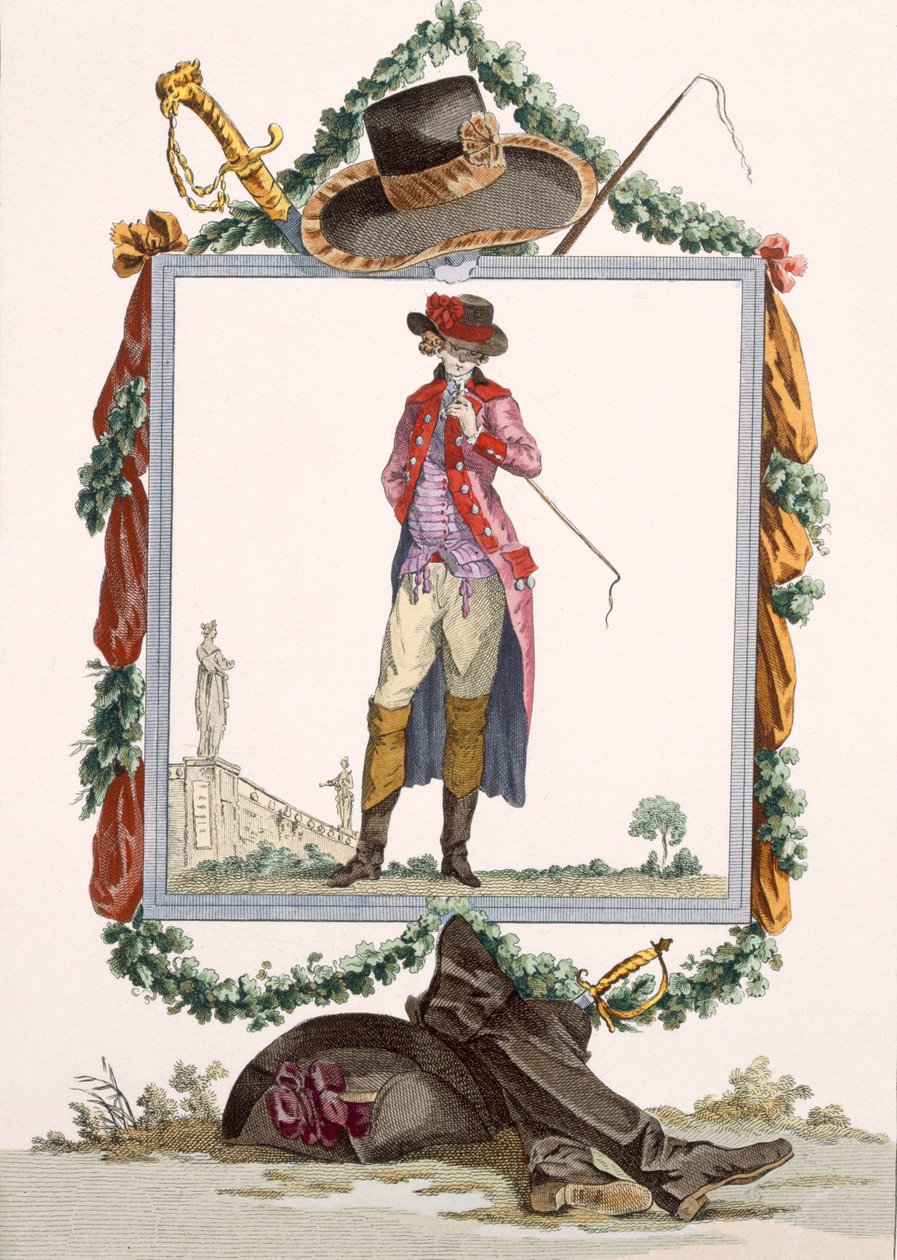 شاب أنيق من القصر الملكي ، محفور من قبل Duhamel ، اللوحة رقم 233 من "Galeries des Modes et Costumes Francais" ، c.1778-87 بواسطة فرانسوا لويس جوزيف واتو