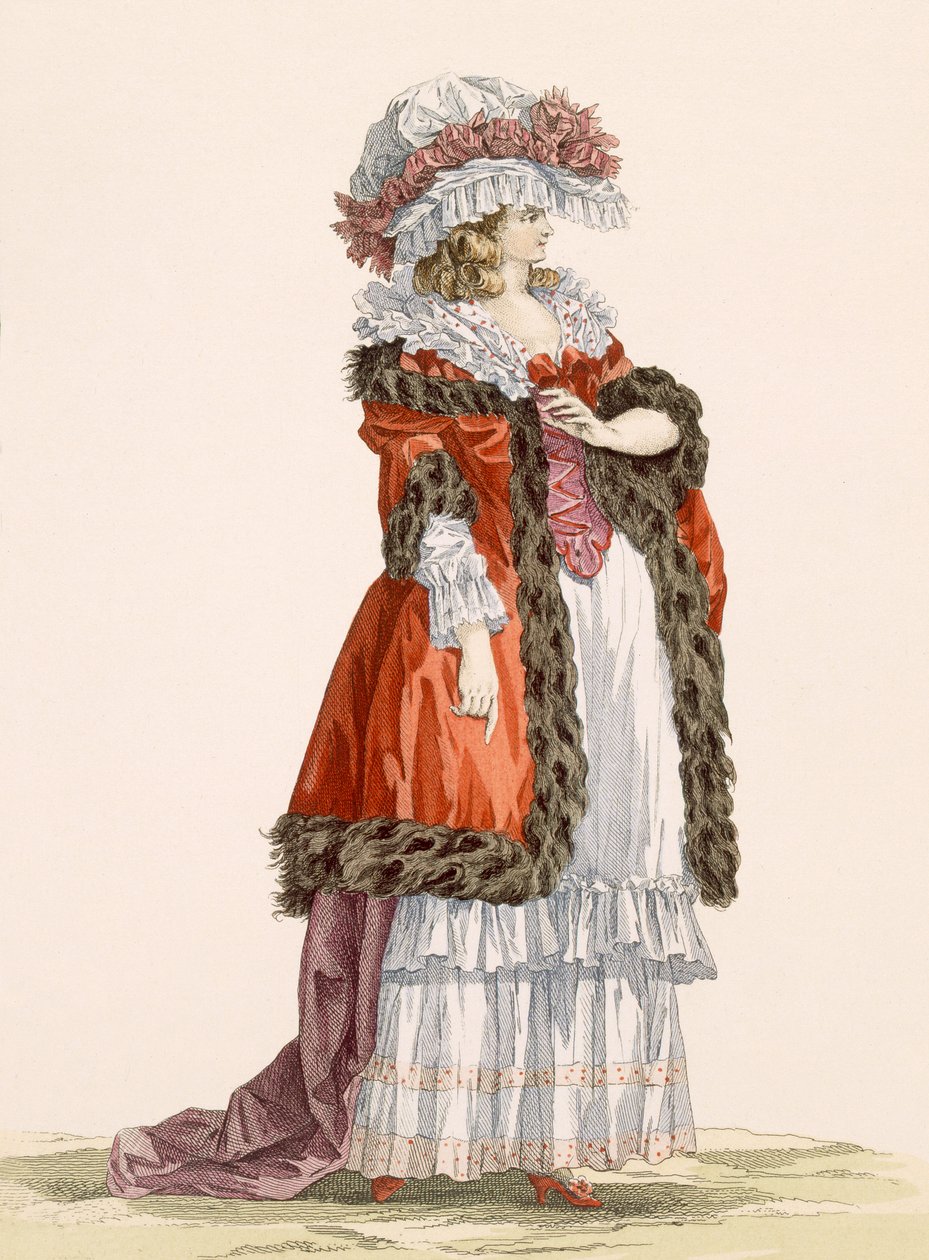 فستان التنورة للشابة ، منقوش بواسطة Dupin ، اللوحة رقم 214 من "Galeries des Modes et Costumes Francais" ، 1789 بواسطة فرانسوا لويس جوزيف واتو