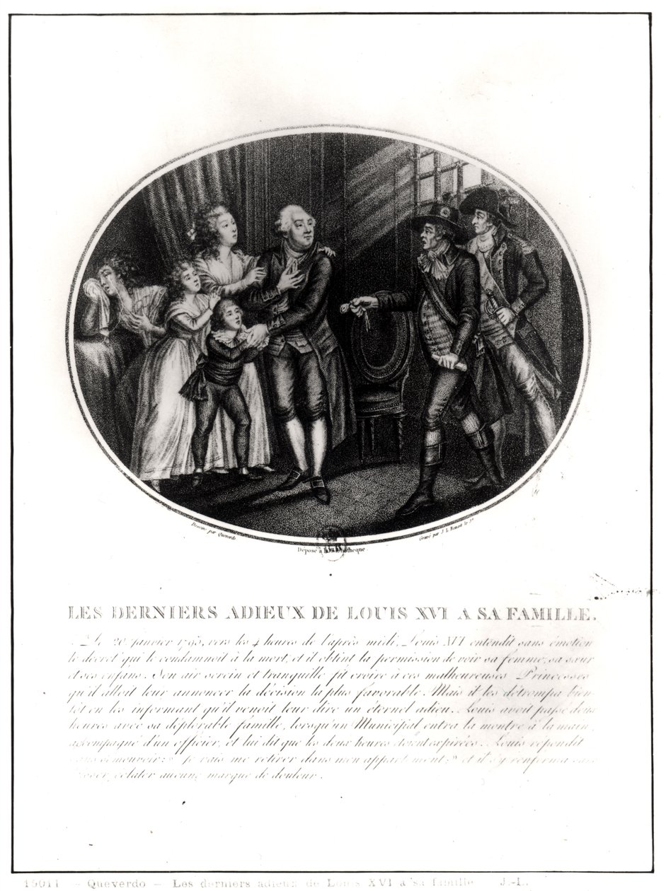 وداعا الأخير لويس السادس عشر (1754-93) لعائلته ، 20 يناير 1793 ، نقشت بواسطة JL Benoist (fl.1800-40) بواسطة فرانسوا ماريا إيسيدور كويفردو