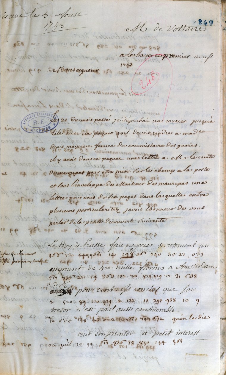 رسالة كتبها فولتير عند العمل كوكيل سري في لاهاي إلى وزير الخارجية الفرنسي في باريس ، ١ أغسطس ١٧٤٣ بواسطة فرانسوا ماري أرويت فولتير