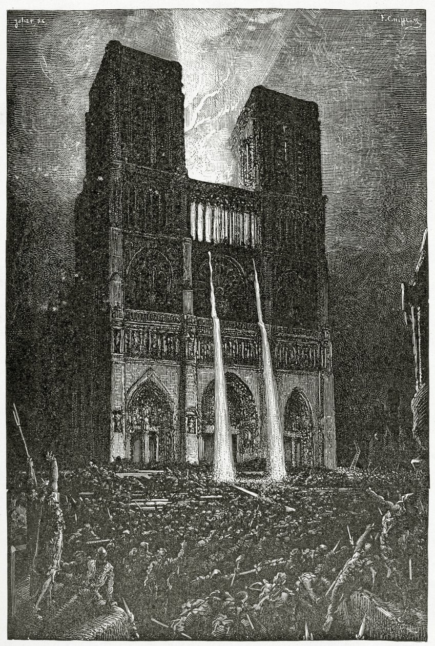 Quasimodo يصب الزيت المغلي على جيش الأشرار الذين يحاولون إنقاذ إزميرالدا - صورة من نوتردام دي باريس ، القرن التاسع عشر (النقش بالأبيض والأسود) بواسطة فرانسوا نيكولا شيفلارت