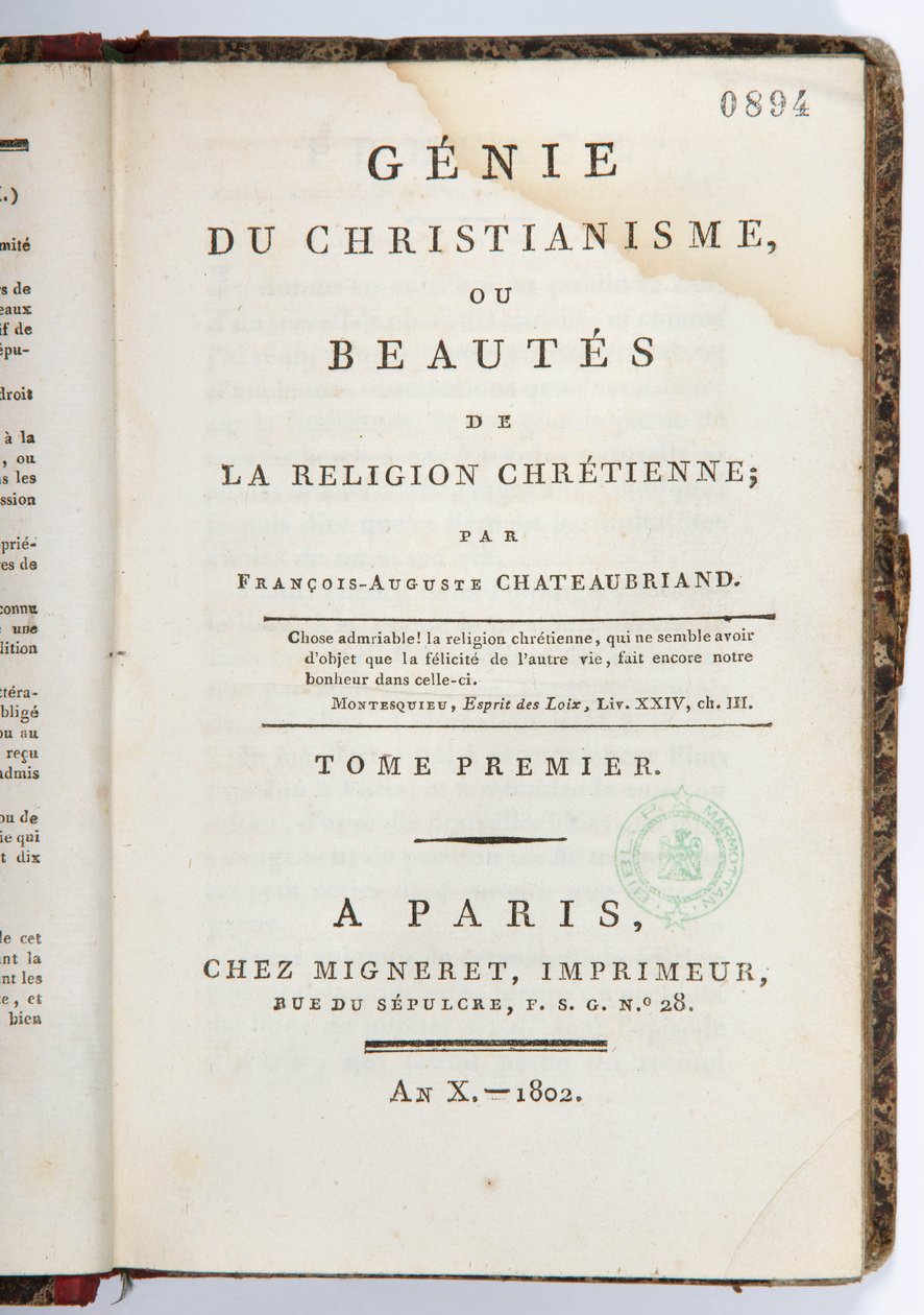 صفحة عنوان "Genie du Christianisme ou Beautes de la Religion Chretienne" ، المجلد الأول ، chez Migneret Imprimeur ، باريس ، 1802 (ورقة مطبوعة) بواسطة فرانسوا رينيه Vicomte de Chateaubriand