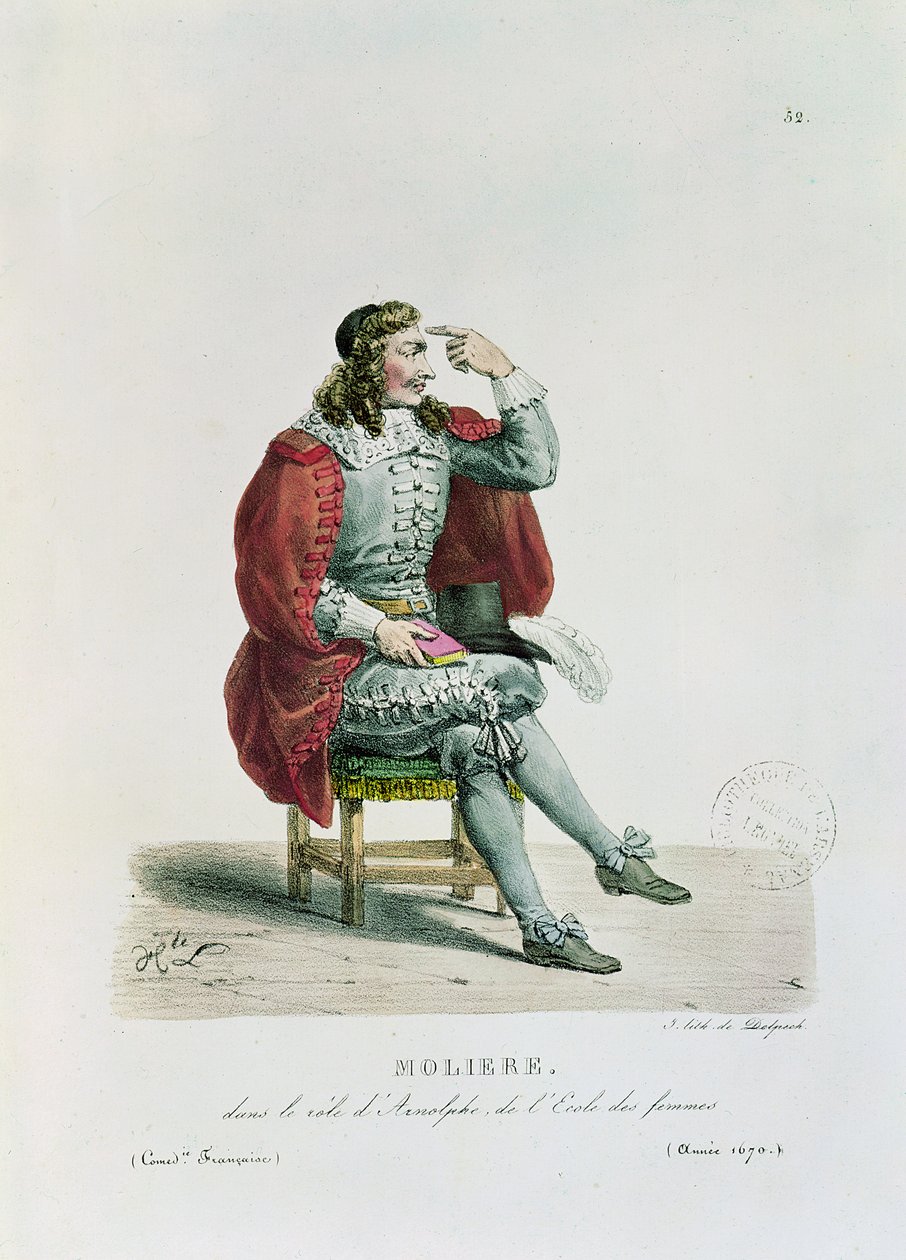 صورة موليير (1622-73) في دور أرنولف من "L&39;Ecole des Femmes" في الكوميديا الفرنسية عام 1670 (الليثو الملون) بواسطة فرانسوا سيرافين ديلبك
