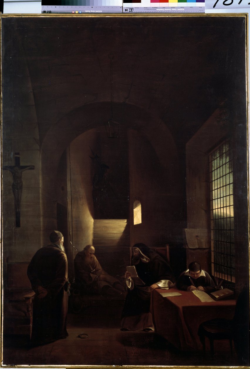 "" عالم الفلك الإيطالي جاليليو جاليلي (الجليل) (1564-1642) في زنزانته في فلورنسا أثناء محاكم التفتيش "" لوحة لفرانسوا ماريوس جرانيت (1775-1849) متحف هيرميتاج في القرن التاسع عشر ، سانت بطرسبرغ بواسطة فرانسوا ماريوس جرانيت