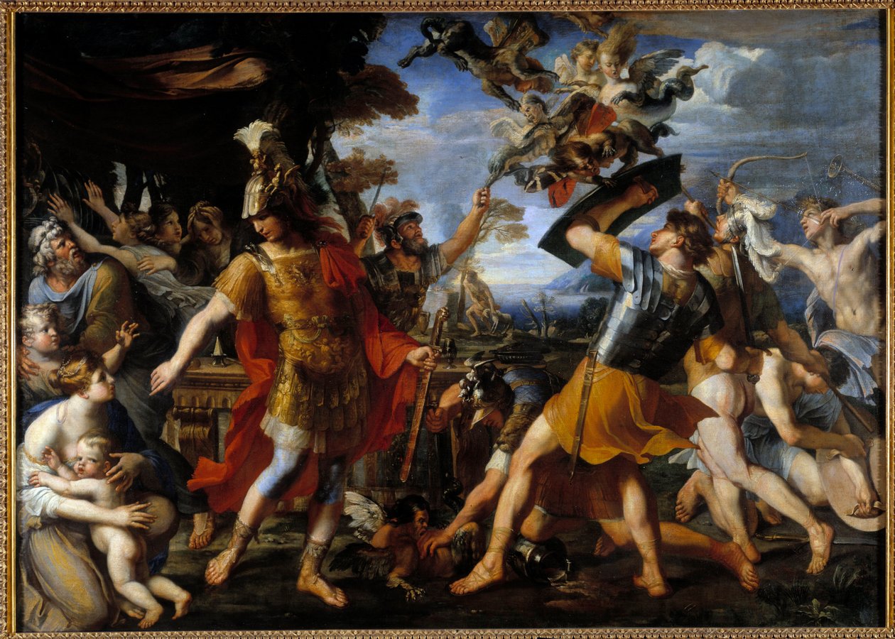 Enee ورفاقه يقاتلون Harpies لوحة فرانسوا بيرييه (1590-1650) 1646 صن. 1،55x2،18 م بواسطة فرانسوا بيرييه
