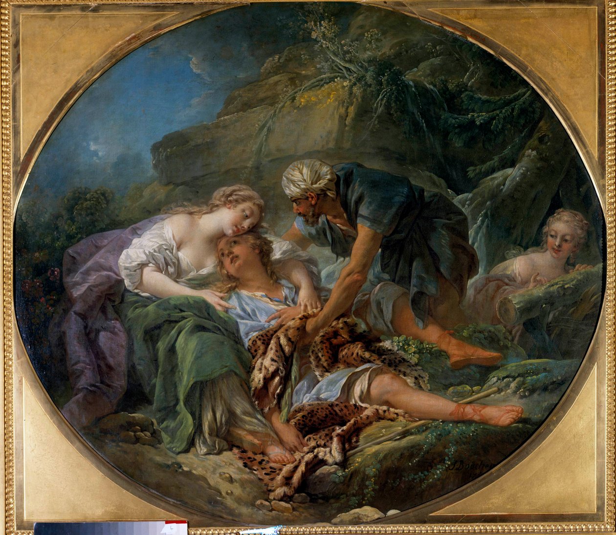 يعود Amintas (أو Amyntas) إلى الحياة بين ذراعي سيلفي. يعود حفيد الإله بان إليه بين أحضان سيلفي التي يحبها ". لوحة فرانسوا باوتشر (١٧٠٣-١٧٧٠). 1756. خافت. جولات 1،20 × 1،36 م ، متحف الفنون الجميلة بواسطة فرانسوا باوتشر