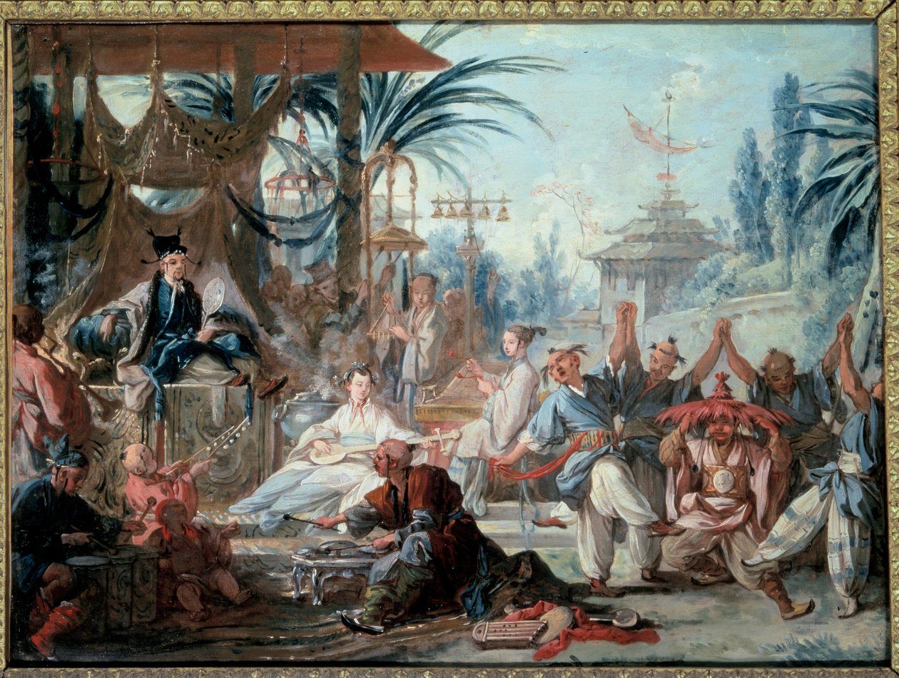 Chinoiserie: "الرقص الصيني" "مشهد ترفيهي في البلاط الإمبراطوري مع الموسيقيين والراقصين. لوحة لفرانسوا باوتشر (1703-1770) 1740 بيسانكون ، متحف الفنون الجميلة بواسطة فرانسوا باوتشر