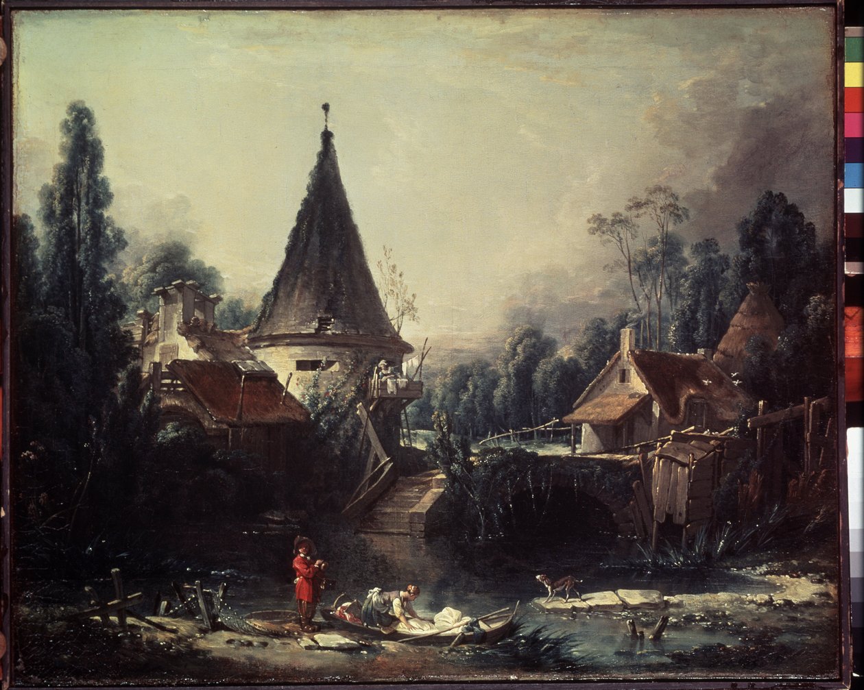 "" منظر طبيعي بالقرب من بوفيه "(منظر طبيعي بالقرب من بوفيه) رسم بقلم فرانسوا باوتشر (1703-1770) حوالي 1740 Dim. 49x58 سم متحف هيرميتاج ، سانت بطرسبرغ (سانت بطرسبرغ) بواسطة فرانسوا باوتشر