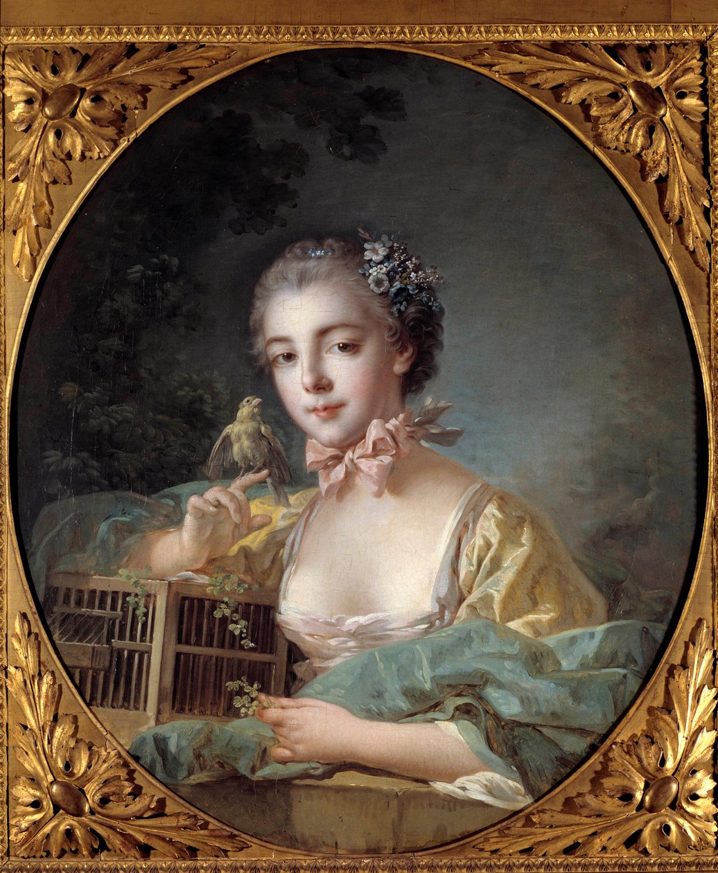 صورة مدام بودوين ، ابنة الرسام الفتاة تقف مع الكناري. لوحة فرانسوا باوتشر (1703-1770) القرن الثامن عشر في باريس. متحف كونياك جاي بواسطة فرانسوا باوتشر