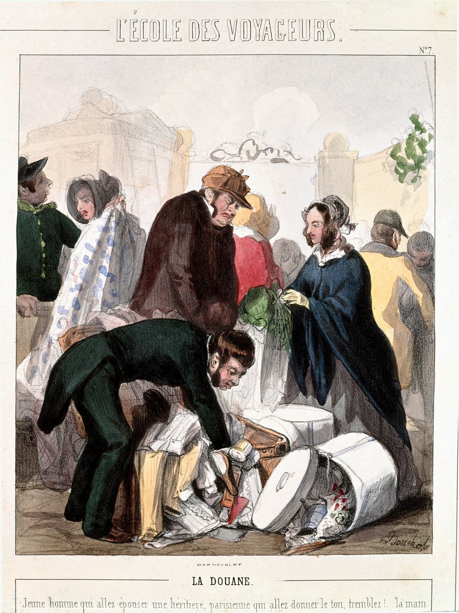 الجمارك. رقابة الجمارك على مهر المهر الذي كان سيتزوج شابا. نقش ملون لفرانسوا بوشوت (1800-1842) ، حوالي عام 1830. باريس ، متحف كارنافالي بواسطة فرانسوا بوشو