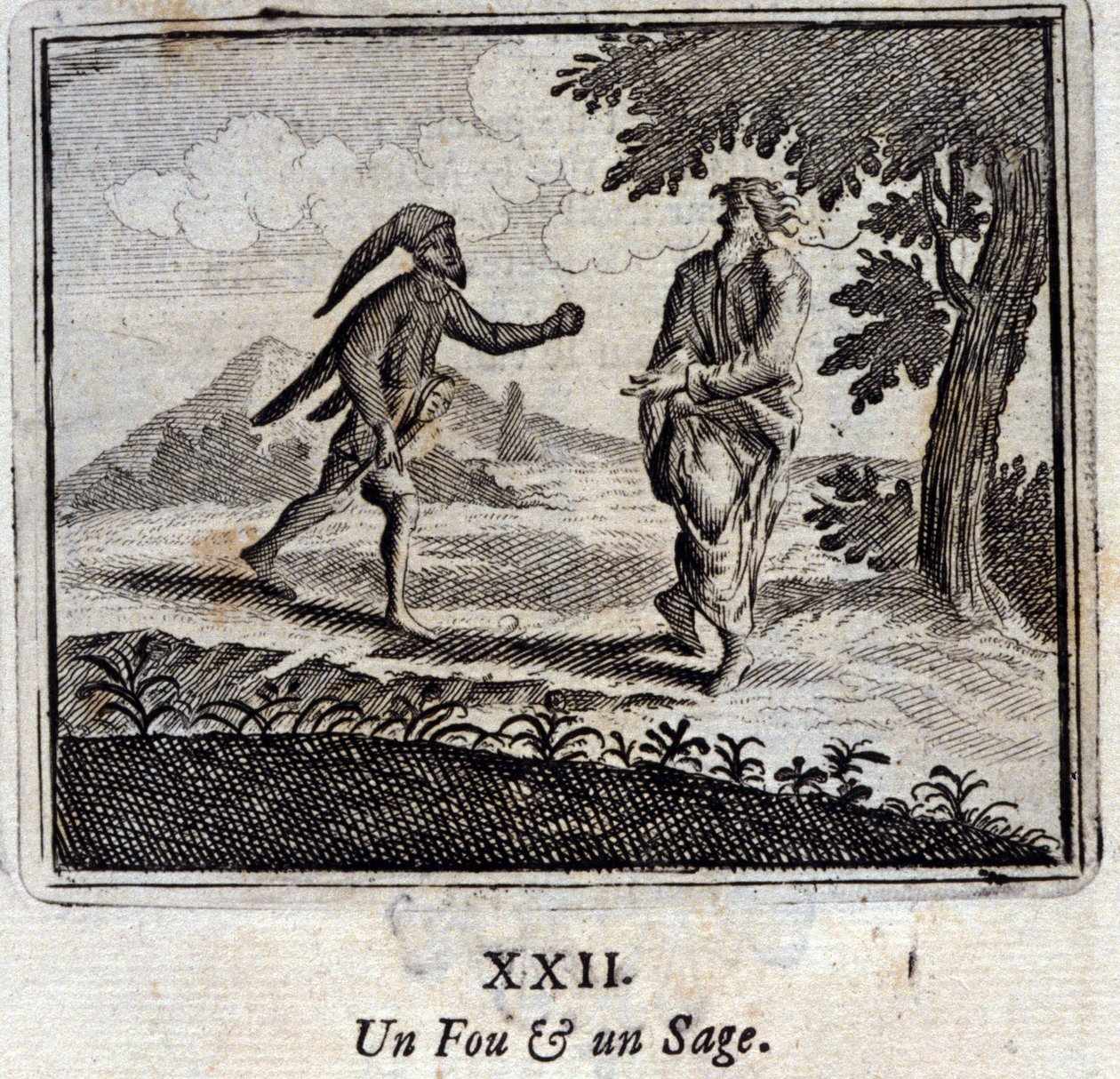 مجنون وحكيم. أساطير جان دي لافونتين (1621-95). رسم توضيحي لفرانسوا تشوفو (1613-1676). طبعة 1728. بواسطة فرانسوا شوفو