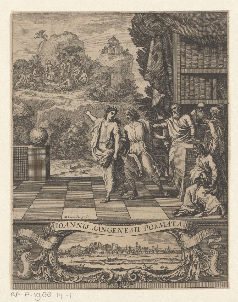 شخصية أنثوية مجازية تشير إلى شاب إلى جبل بارناسوس صفحة العنوان لـ: Jean de Saint-Genies، Ioannis Sangenesii Poemata، 1654 بواسطة فرانسوا شوفو