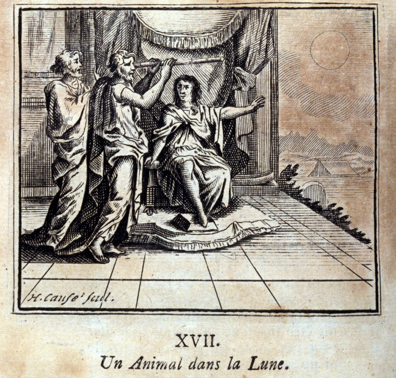 حيوان في القمر. أساطير جان دي لافونتين (1621-95). رسم توضيحي لفرانسوا تشوفو (1613-1676). طبعة 1728. بواسطة فرانسوا شوفو