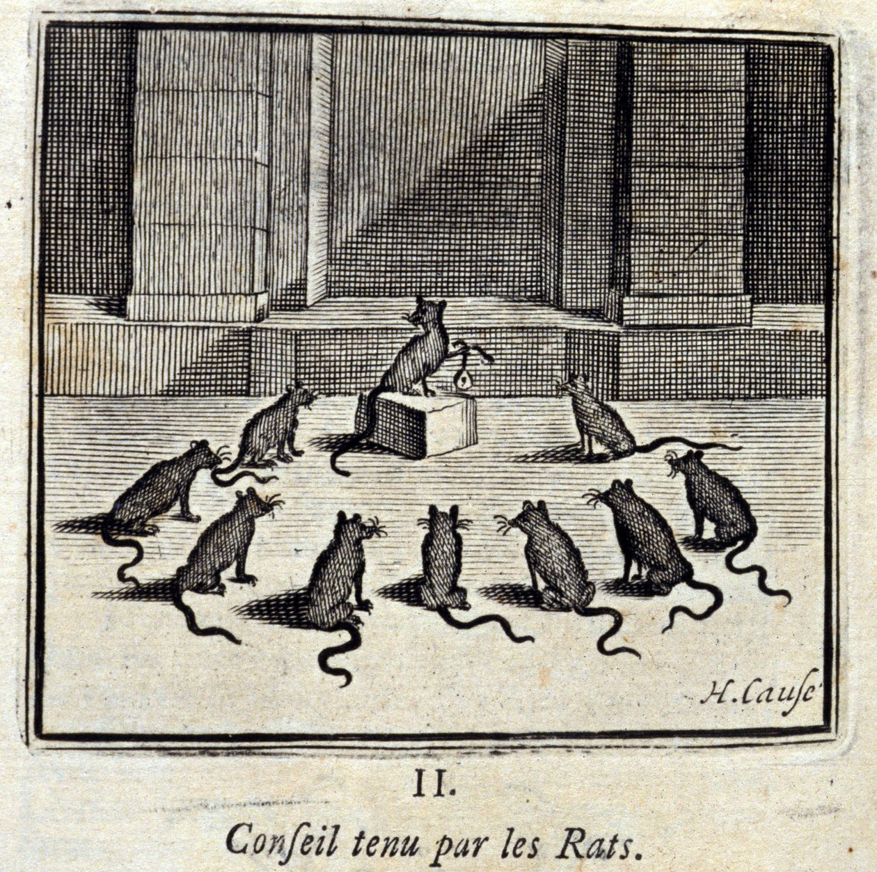 عقد المجلس من قبل الفئران. خرافات لجين دي لافونتين (1621-95). رسم توضيحي لفرانسوا تشوفو (1613-1676). طبعة 1728. بواسطة فرانسوا شوفو