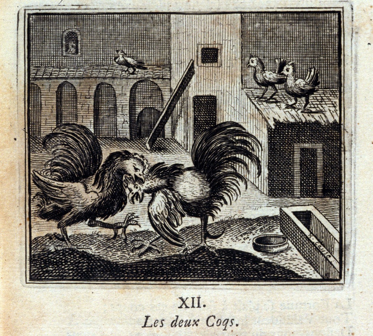 كلا الديكة. أساطير جان دي لافونتين (1621-95). رسم توضيحي لفرانسوا تشوفو (1613-1676). طبعة 1728. بواسطة فرانسوا شوفو