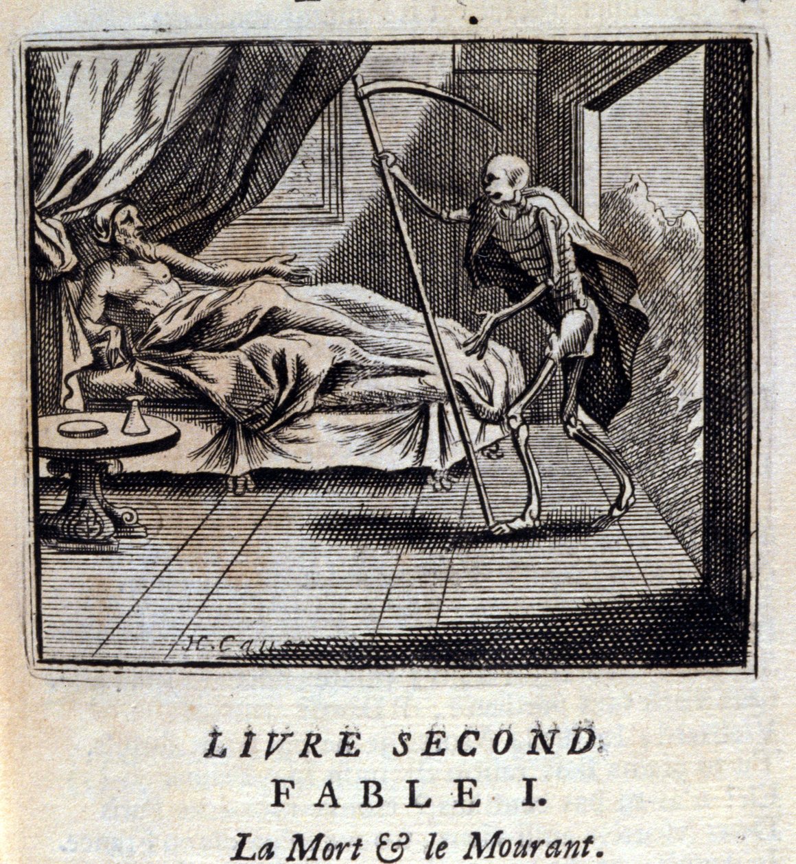 الموت والموت. أساطير جان دي لافونتين (1621-95). رسم توضيحي لفرانسوا تشوفو (1613-1676). طبعة 1728. بواسطة فرانسوا شوفو