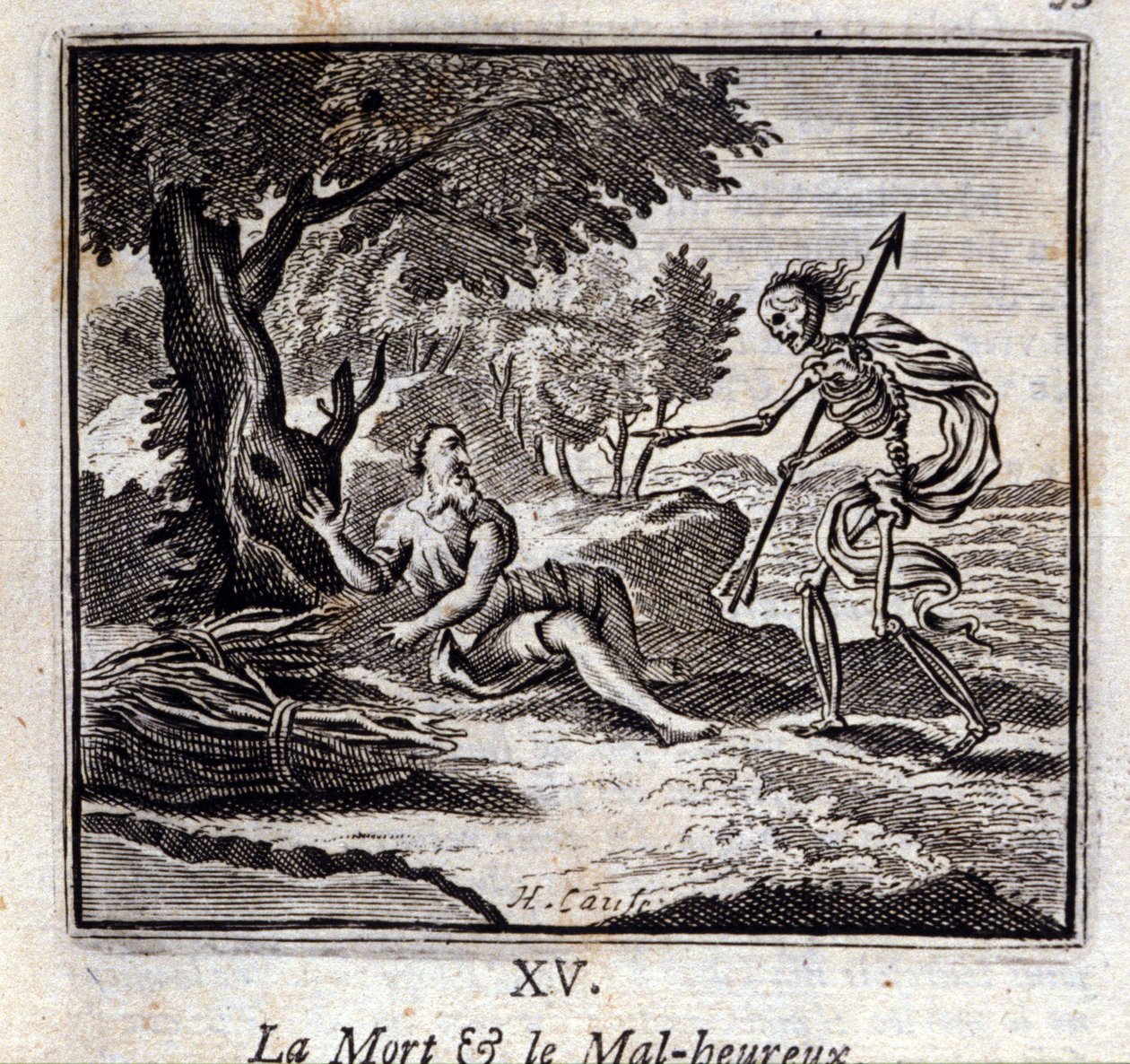 الموت و التعيس. أساطير جان دي لافونتين (1621-95). رسم توضيحي لفرانسوا تشوفو (1613-1676). طبعة 1728. بواسطة فرانسوا شوفو