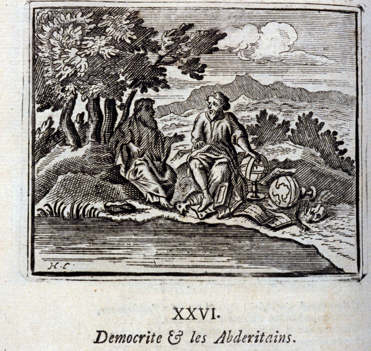 الديموقرايت و Abderitans. أساطير جان دي لافونتين (1621-95). رسم توضيحي لفرانسوا تشوفو (1613-1676). طبعة 1728. بواسطة فرانسوا شوفو