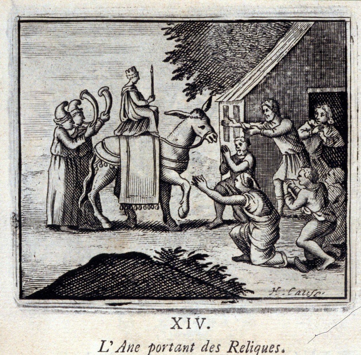حمار يحمل آثارا. أساطير جان دي لافونتين (1621-95). رسم توضيحي لفرانسوا تشوفو (1613-1676). طبعة 1728. بواسطة فرانسوا شوفو