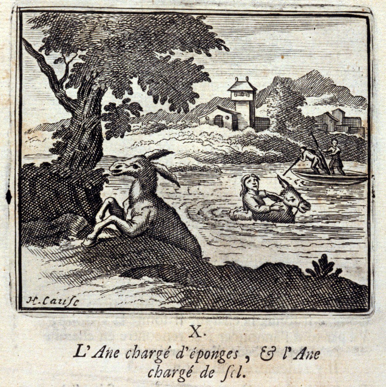 الحمير من الإسفنج وكميات الملح الحمير. أساطير جان دي لافونتين (1621-95). رسم توضيحي لفرانسوا تشوفو (1613-1676). طبعة 1728. بواسطة فرانسوا شوفو