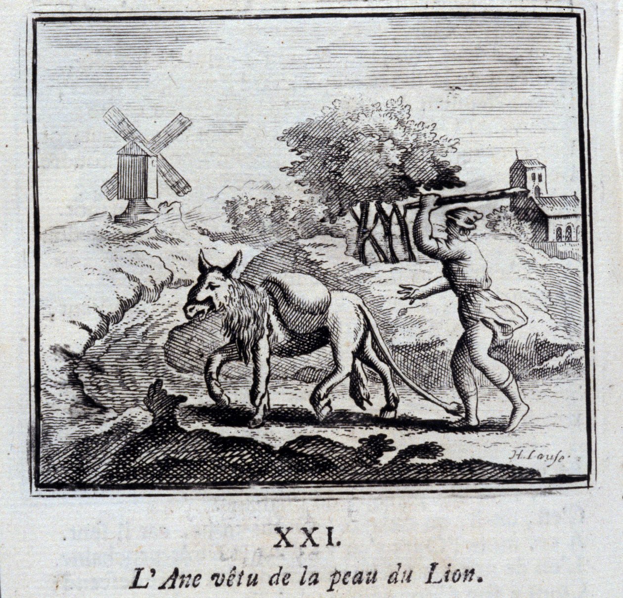 حمار يرتدي جلد الأسد. أساطير جان دي لافونتين (1621-95). رسم توضيحي لفرانسوا تشوفو (1613-1676). طبعة 1728. بواسطة فرانسوا شوفو