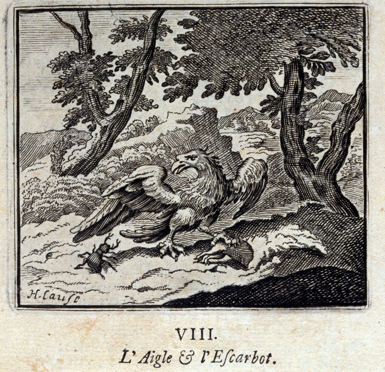 النسر والحلزون. أساطير جان دي لافونتين (1621-95). رسم توضيحي لفرانسوا تشوفو (1613-1676). طبعة 1728. بواسطة فرانسوا شوفو