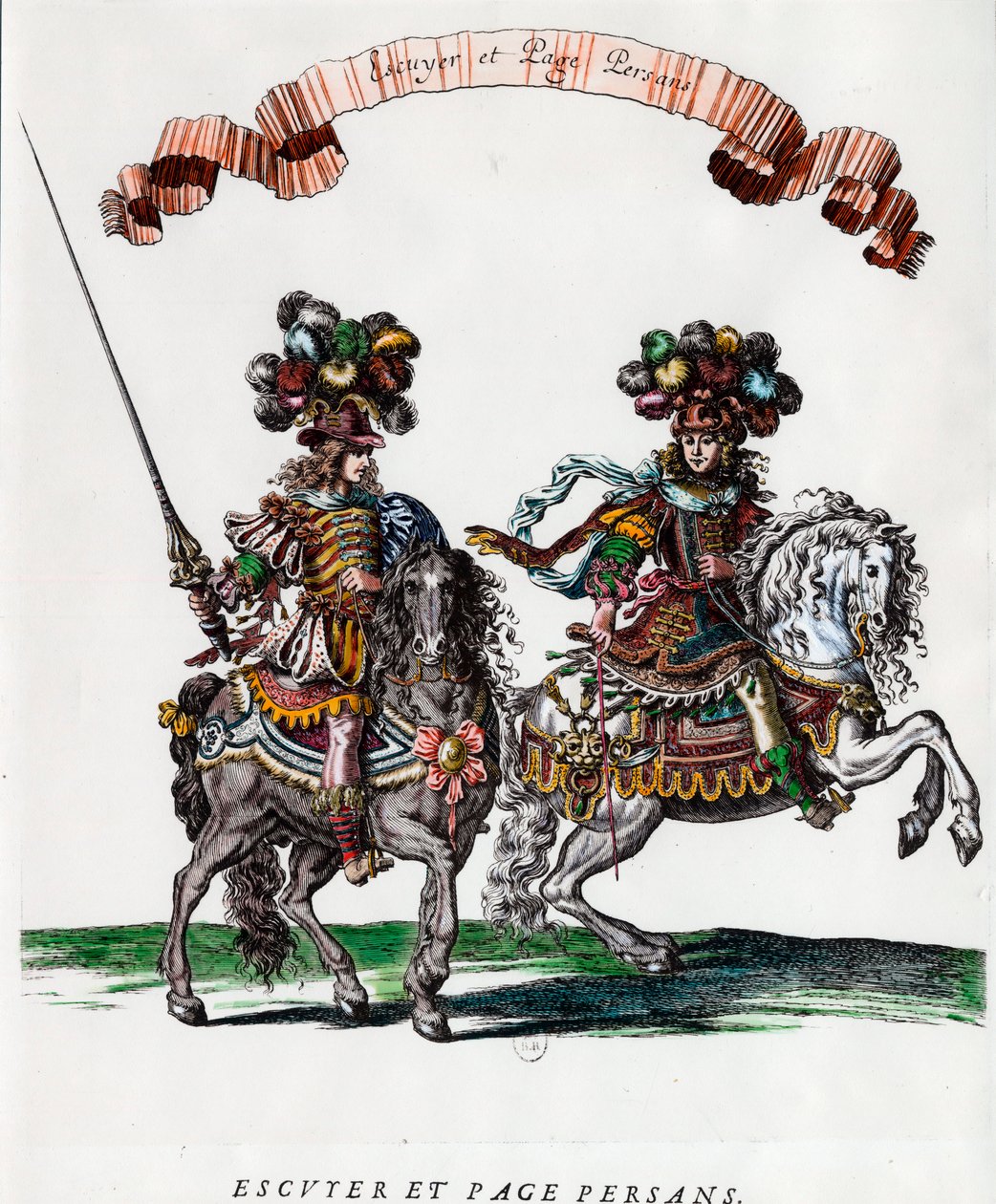 Ecuyer والصفحة الفارسية أثناء العرض الدائري الذي قدمه الملك لويس الرابع عشر (1639-1715) نقش لفرانسوا شوفو (1613-1676) حوالي عام 1662 مجموعة خاصة بواسطة فرانسوا شوفو