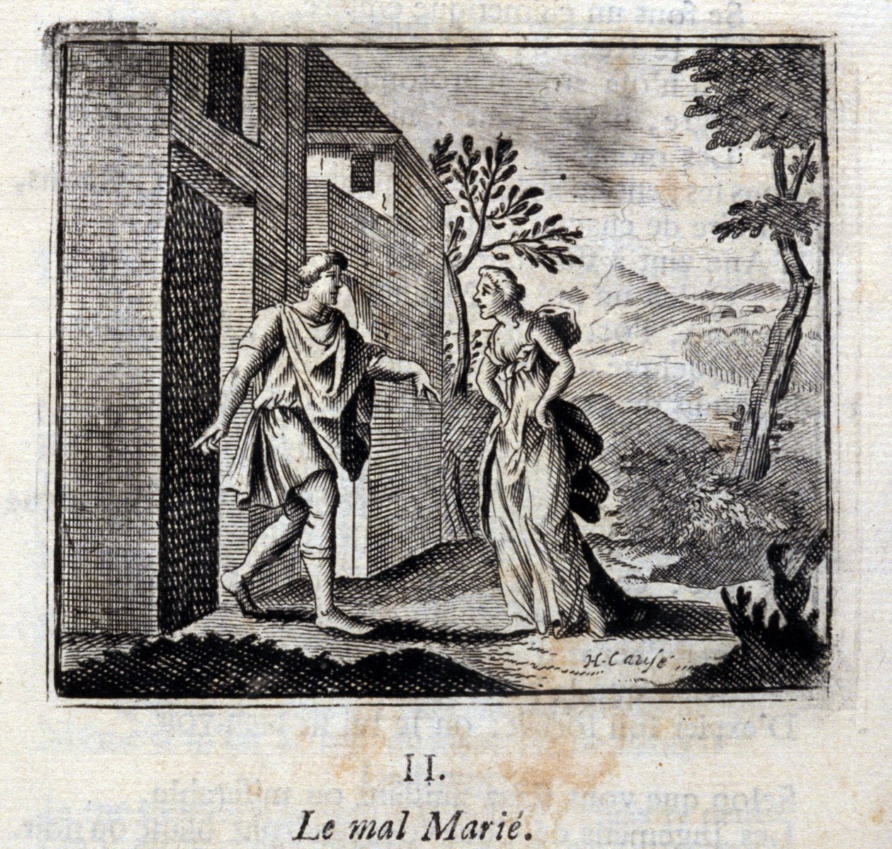 يتزوج الشر. أساطير جان دي لافونتين (1621-95). رسم توضيحي لفرانسوا تشوفو (1613-1676). طبعة 1728. بواسطة فرانسوا شوفو
