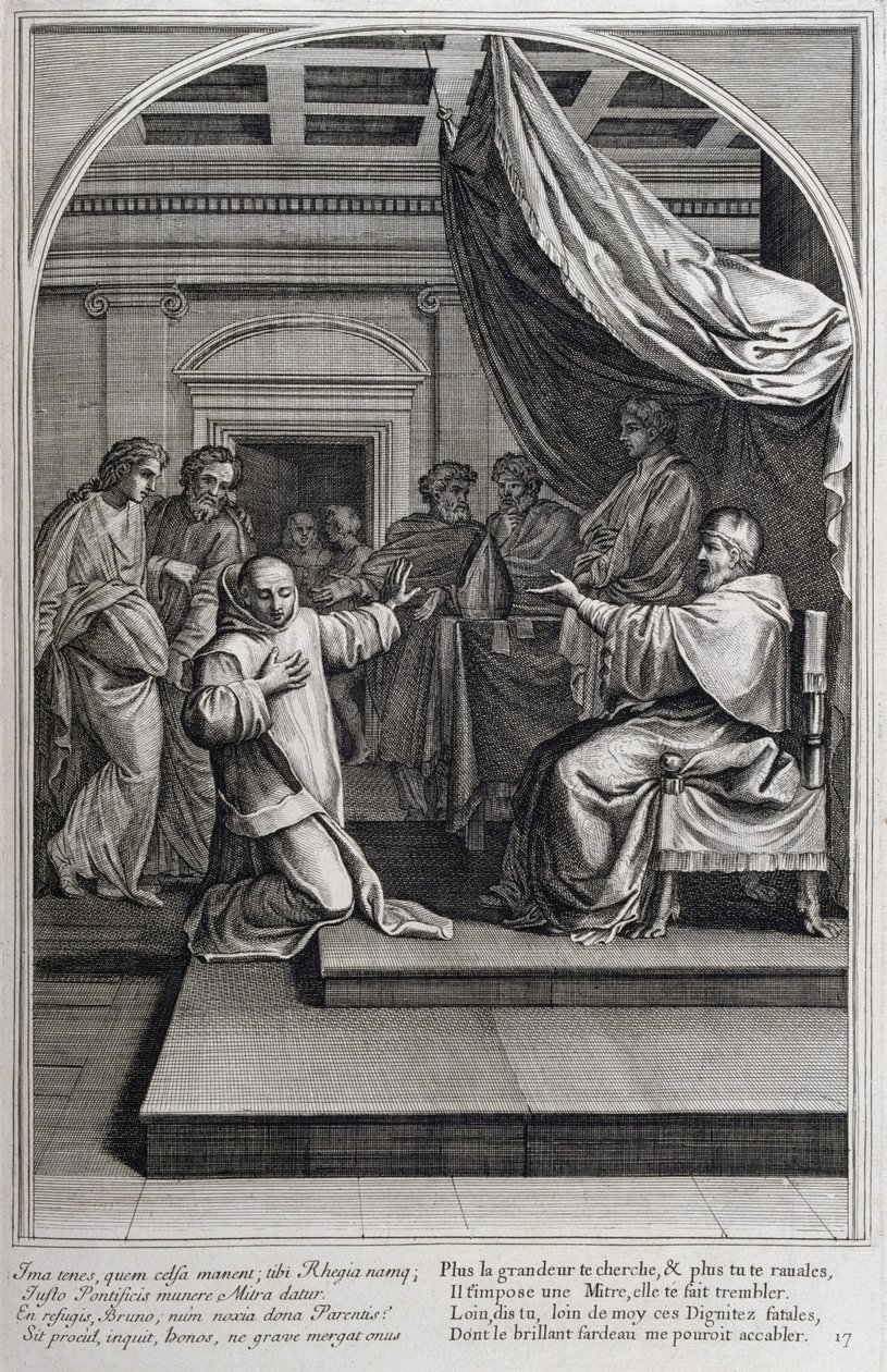 رسم توضيحي من "حياة القديس برونو ، مؤسس النظام الكارثوسي" باريس 1660. بعد لوحات Eustache Le Sueur ونقشها Fran Sois Chauveau © UIG / Leemage بواسطة فرانسوا شوفو