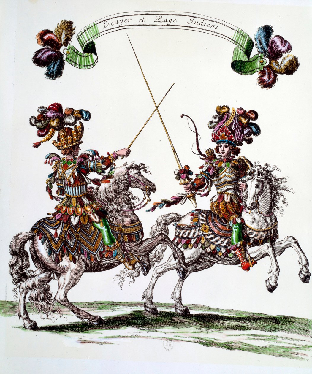 Ecuyer الهندي وصفحة أثناء العرض الدائري الذي قدمه الملك لويس الرابع عشر (1638-1715) في عام 1662 إلى التويلري للاحتفال بميلاد دوفين. نقش لفرانسوا شوفو (1613-1676) مجموعة خاصة من القرن السابع عشر بواسطة فرانسوا شوفو
