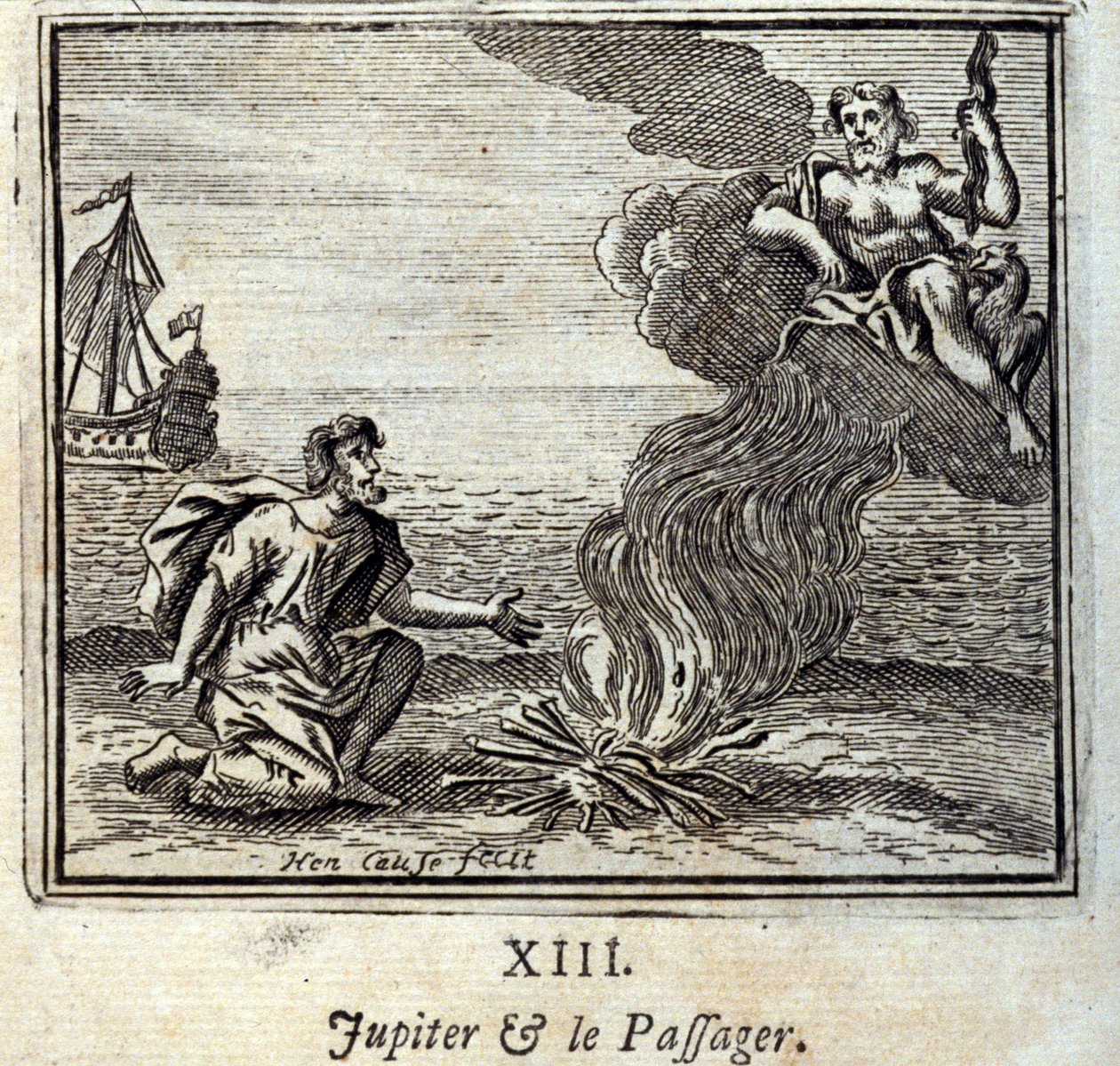 كوكب المشتري والراكب. أساطير جان دي لافونتين (1621-95). رسم توضيحي لفرانسوا تشوفو (1613-1676). طبعة 1728. بواسطة فرانسوا شوفو