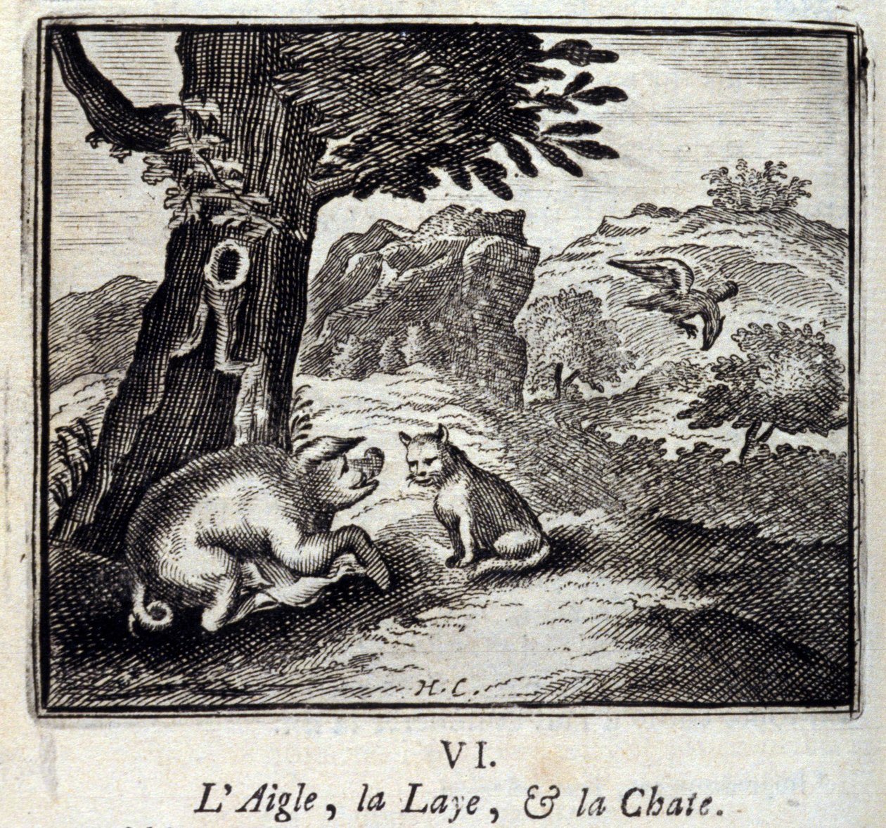 L'Aigle la Laie et la Chatte. أساطير جان دي لافونتين (1621-1695). رسم توضيحي لفرانسوا تشوفو (1613-1676). طبعة 1728. بواسطة فرانسوا شوفو