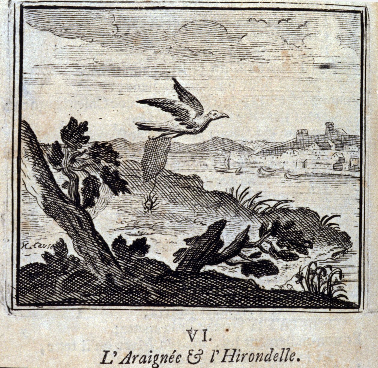 العنكبوت والسنونو ، حكايات جان دي لافونتين (1621-1695). رسم توضيحي لفرانسوا تشوفو (1613-1676). طبعة 1728. بواسطة فرانسوا شوفو