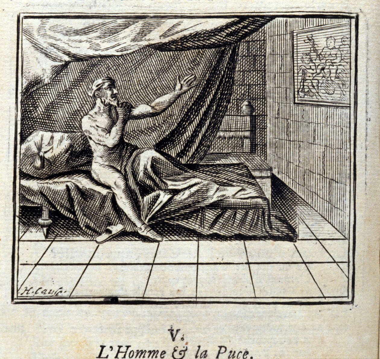 الرجل والبراغيث. أساطير جان دي لافونتين (1621-95). رسم توضيحي لفرانسوا تشوفو (1613-1676). طبعة 1728. بواسطة فرانسوا شوفو